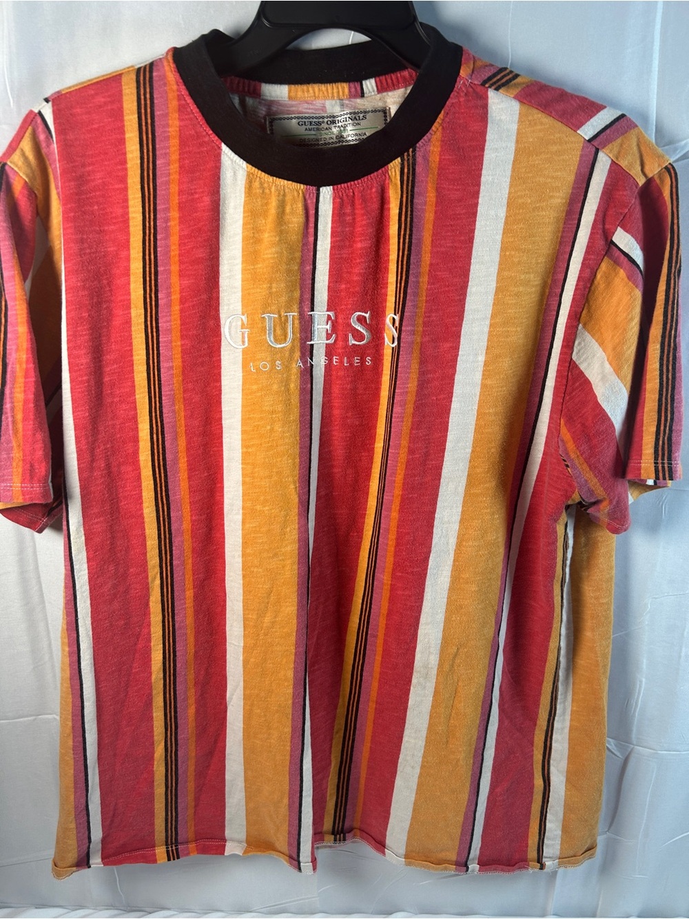 GUESS Striped Short-Sleeve Tee in Red, Yellow & White